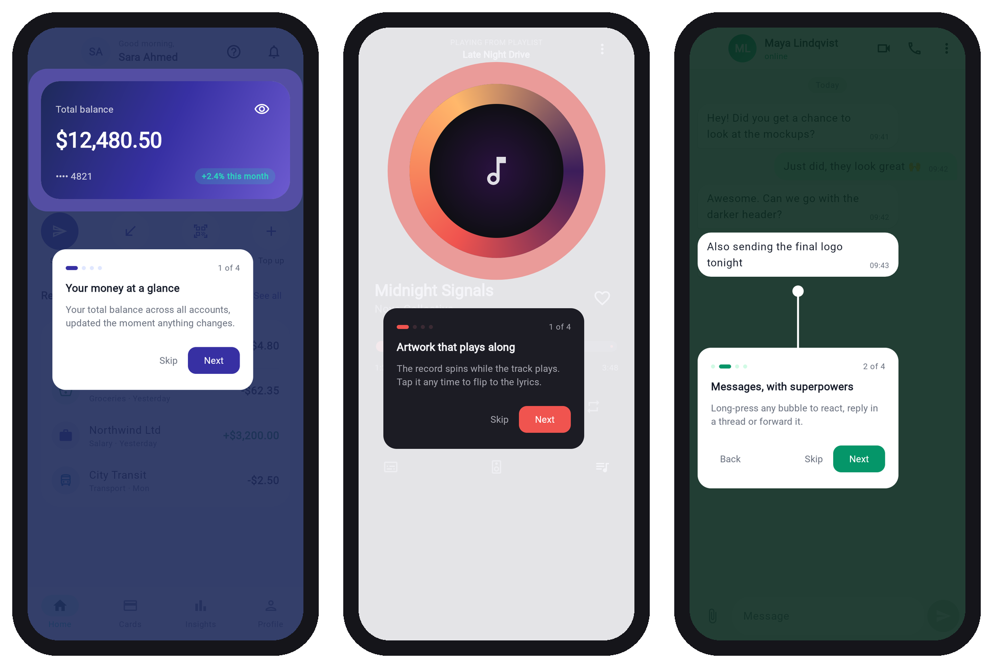 The three demo scenarios: Lumen Bank, Now Playing and Messages