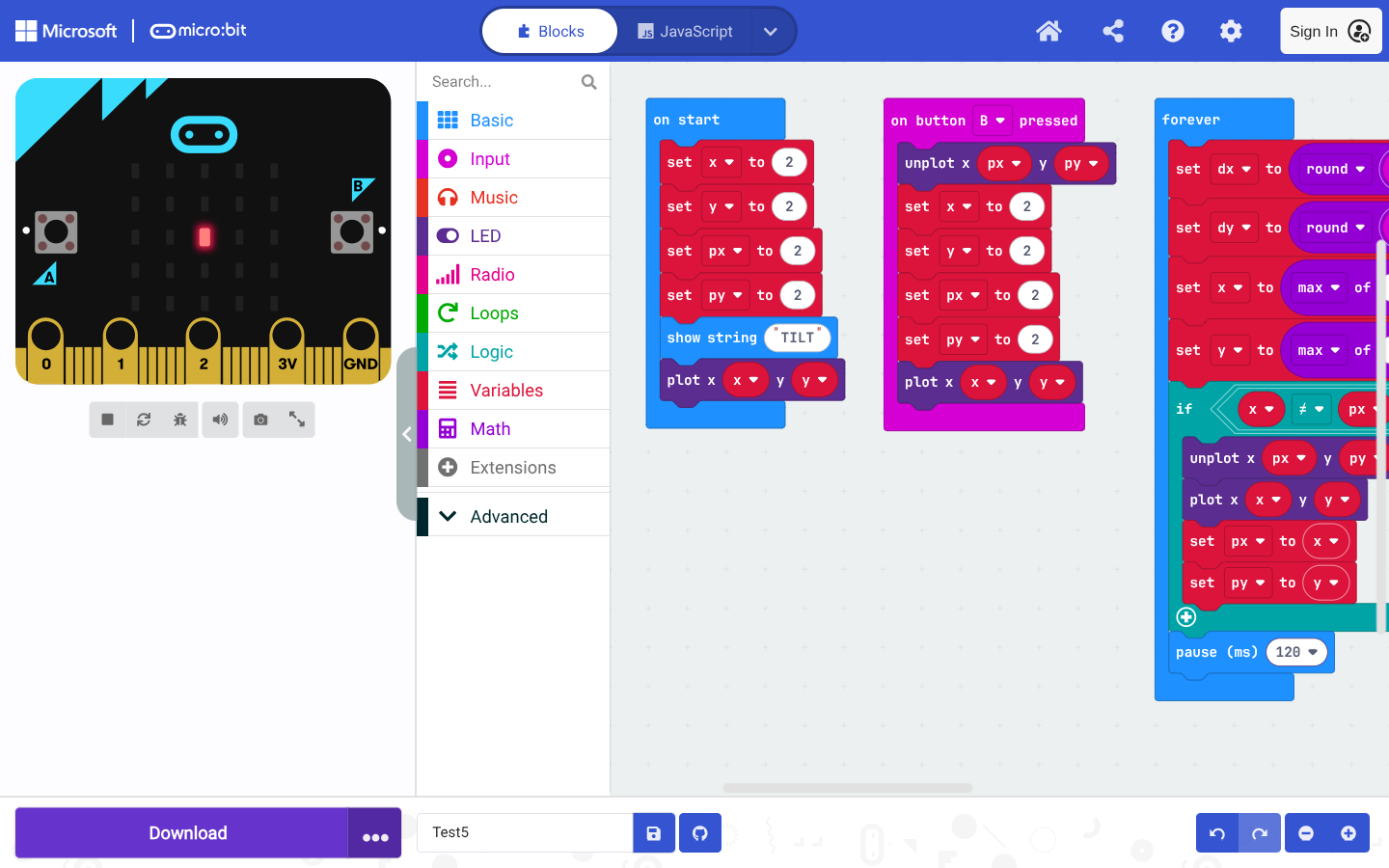 The Test5 project in the micro:bit MakeCode editor: blocks on the canvas and the micro:bit simulator, as seen by an agent-driven mbflash session