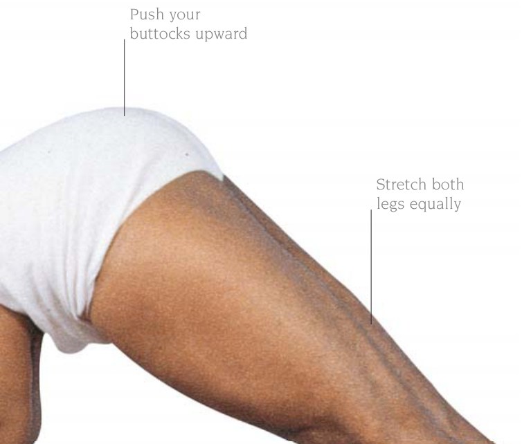 Parsvottanasana — tựa trọng lượng trên gót chân phải