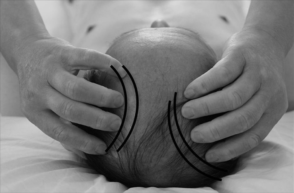 Bước 1 — Đỉnh đầu: các ngón tay ấn và rung da đầu