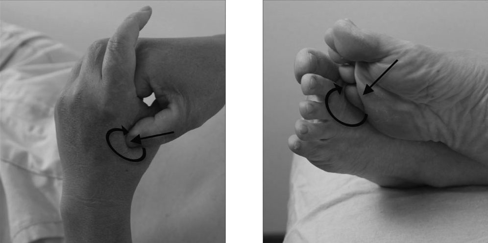 Kích thích huyệt Hợp Cốc và Taichong — xoa vòng tròn
