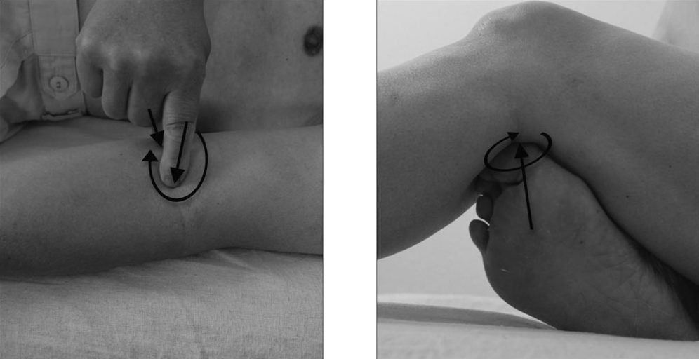 Kích thích huyệt Xích Trạch, Khúc Trạch và Ủy Trung — xoa vòng tròn