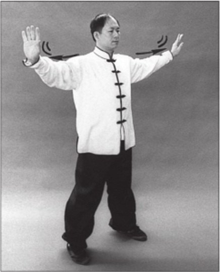 Thở ra, duỗi hai cánh tay ra hai bên