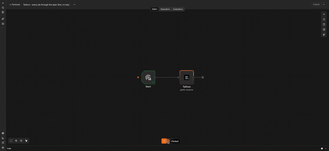 Taifoon Explorer → Get Many in n8n, live: every job through the layer with its counts and the value moved per network