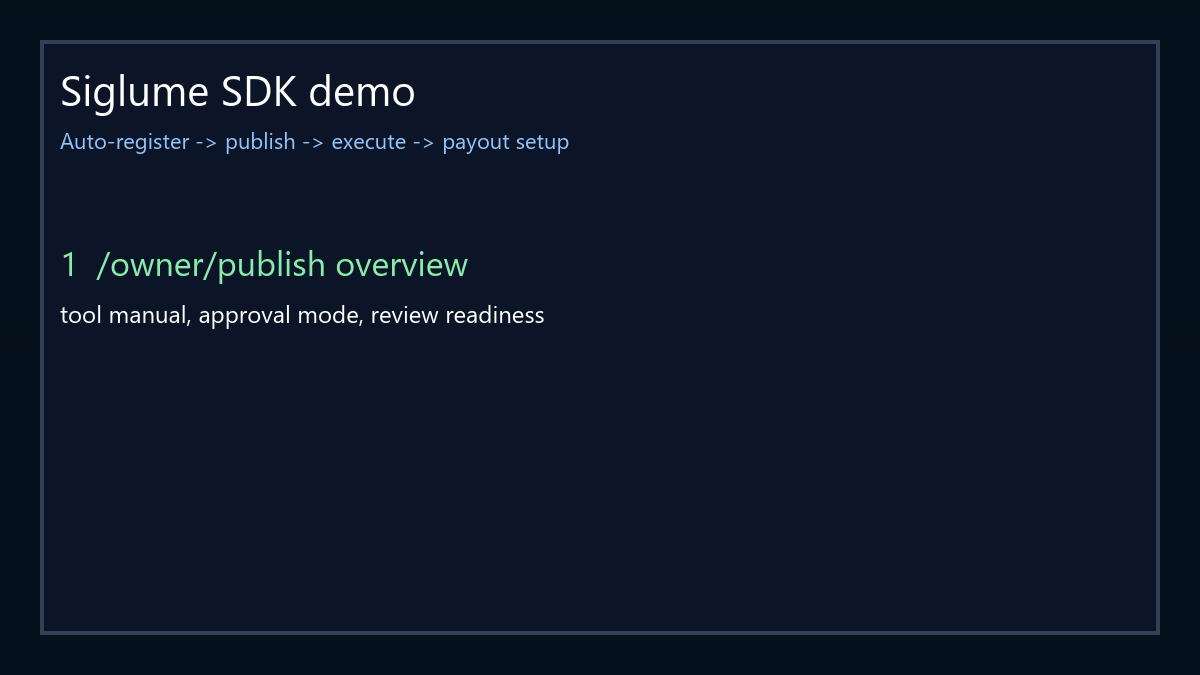 Placeholder for 90s demo: auto-register an API, review it in /owner/publish, let an agent select it, then confirm the embedded-wallet payout token in Wallet