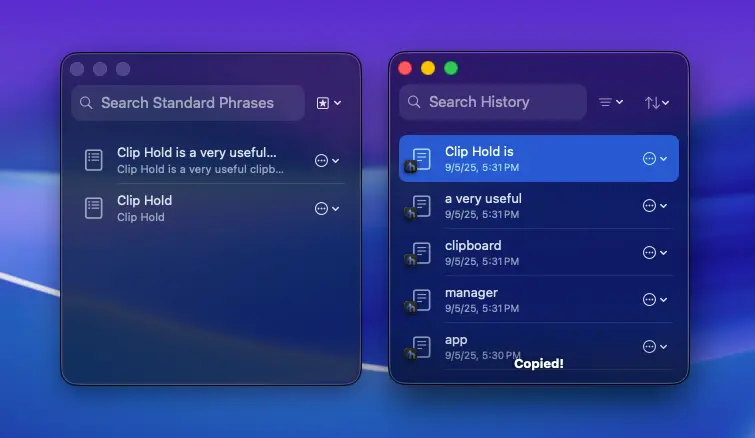 Standard Phrases Window and History Window