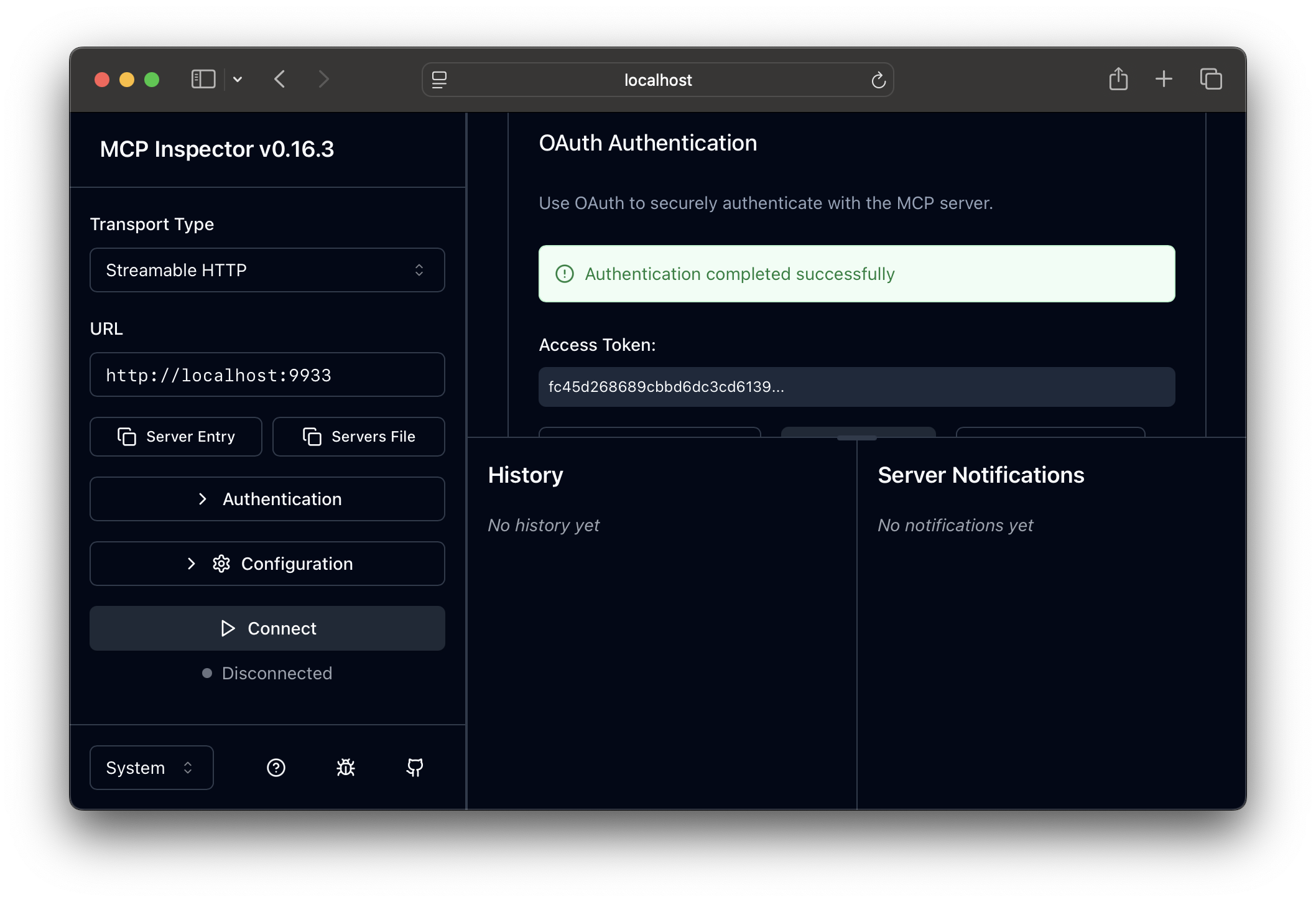 A screenshot of a sucessfully completed auth flow in the MCP inspector.