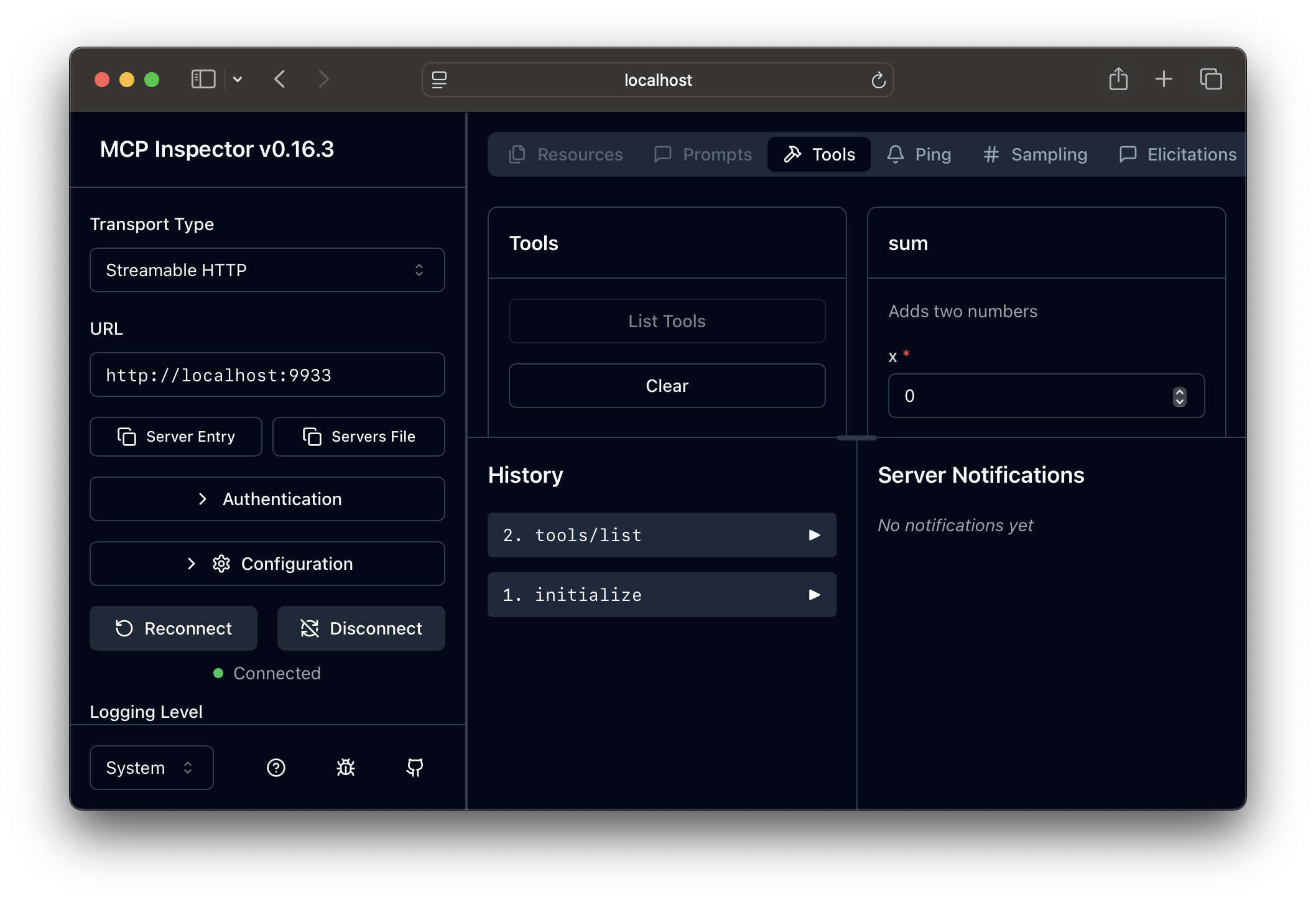 A screenshot of a tool call being made in the MCP inspector after a sucessful authorization.