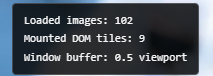 Debug HUD showing 102 loaded images, 9 mounted DOM tiles, and a 0.5 viewport buffer