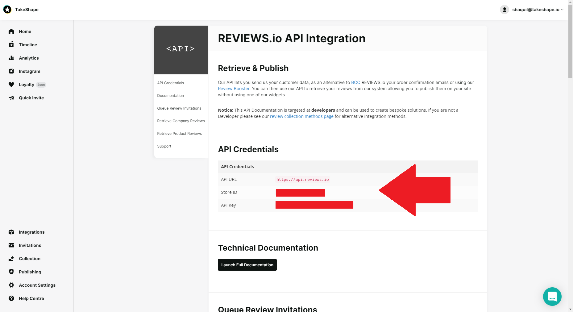 A screenshot of the API page in Reviews.io