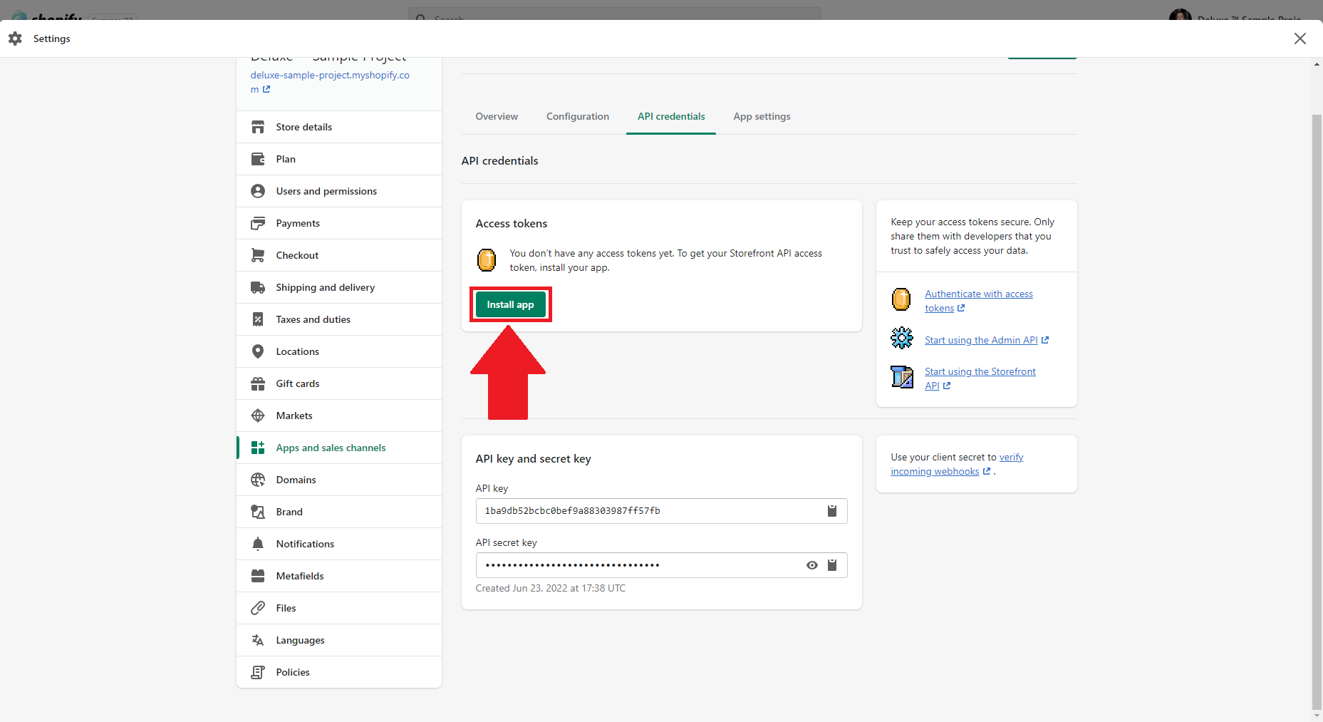 A screenshot of the API credentials tab, where you can select the Install app button to install your app and enable the Storefront API.