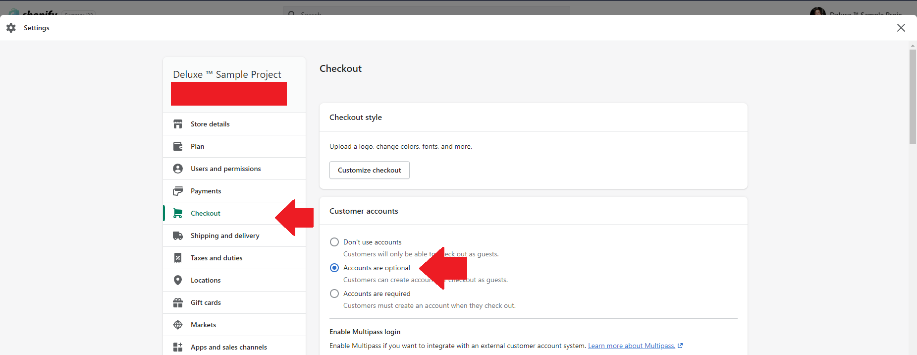 A screenshot of the Settings menu with Checkout selected.