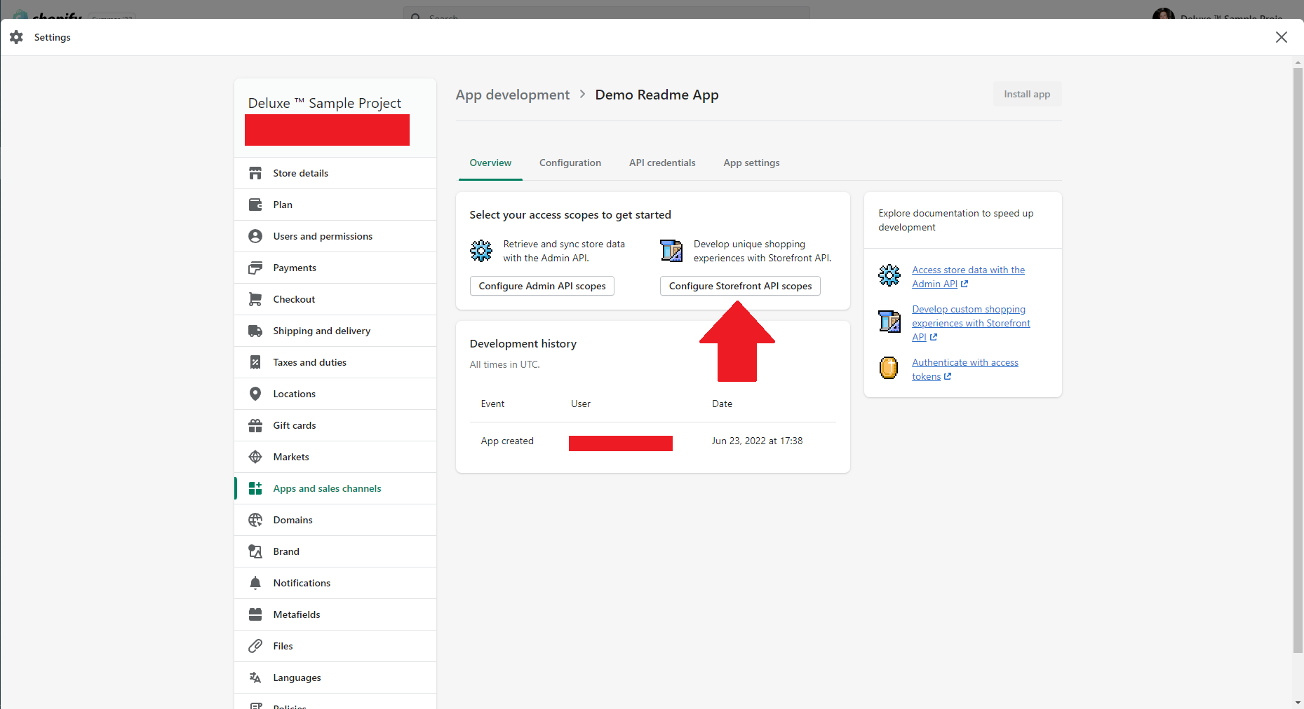 A screenshot of the app development page where you can select the Configure Storefront API scopes button.
