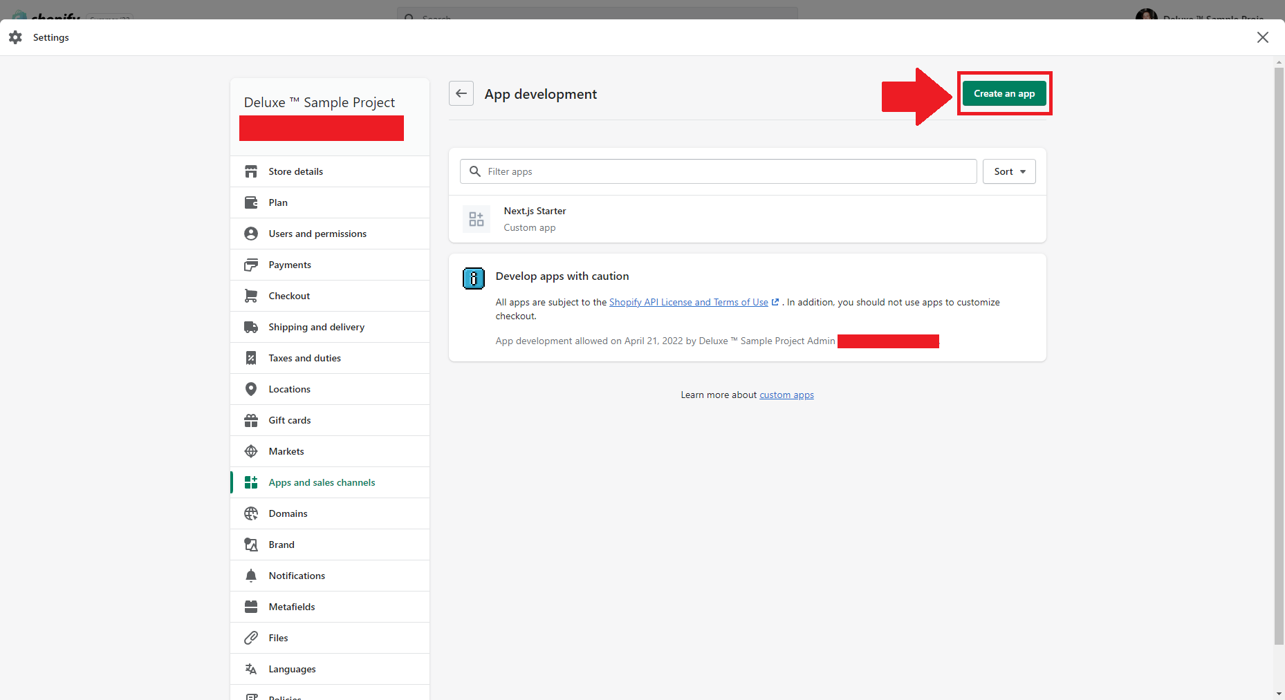 Select the Create an app button on the App development page.