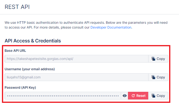 A screenshot of the Base API URL, Username (your email address) and Password (API Key) fields in the REST API panel.