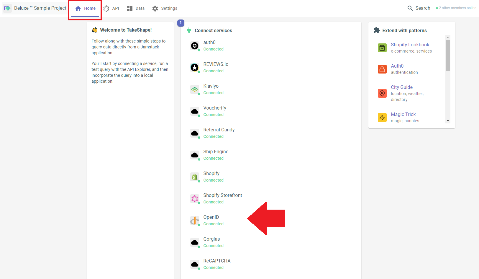 A screenshot of the Home tab in the Penny on TakeShape
