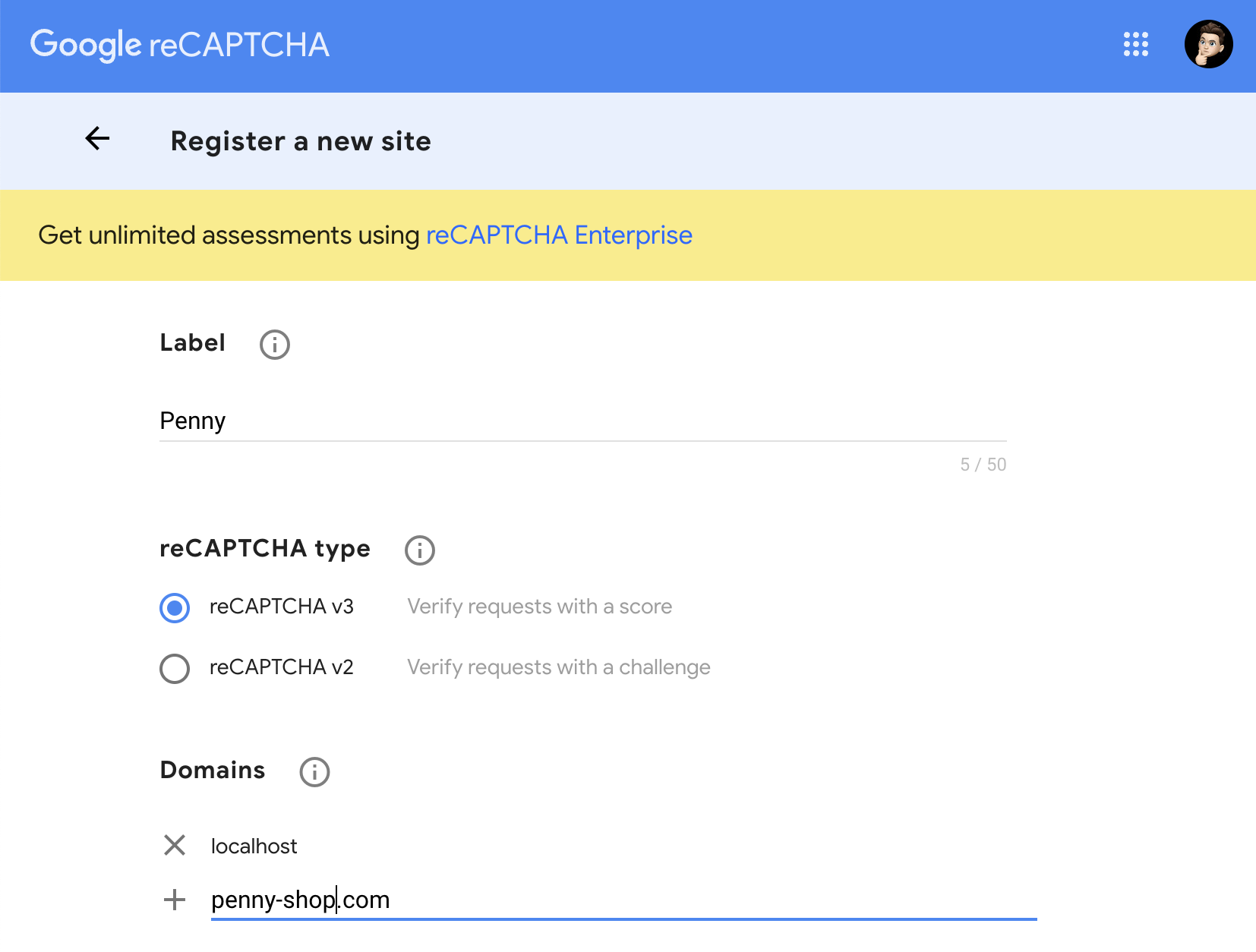 A screenshot of the reCAPTCHA admin page, where you can select your site.