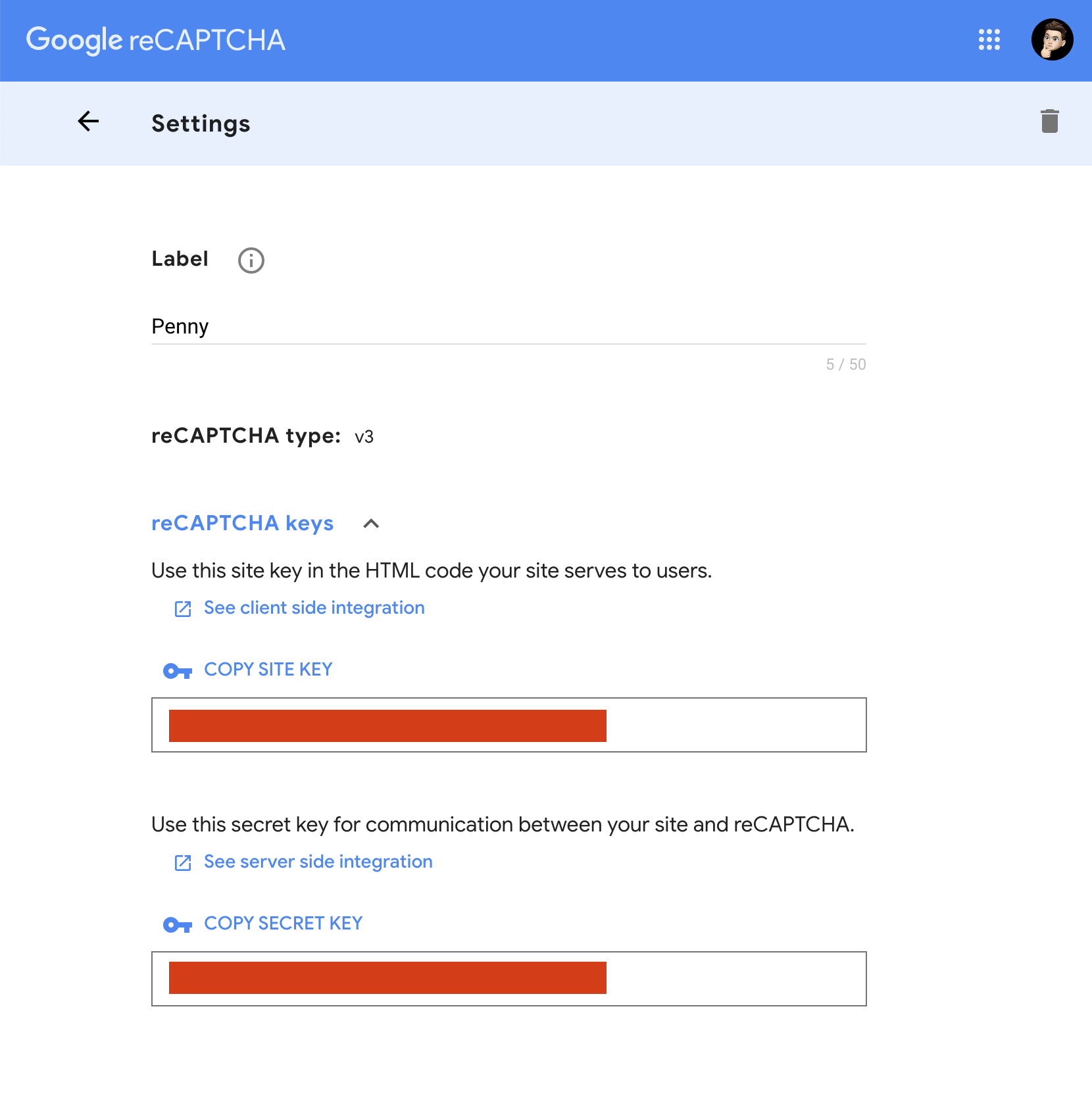 A screenshot of the Settings page in reCAPTCHA, where you can copy your site key for TakeShape.