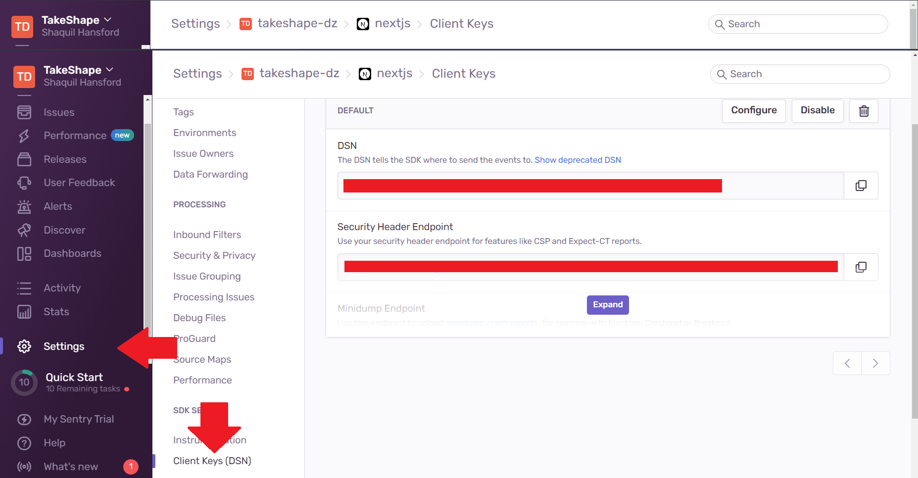 A screenshot of the sentry settings page with the Client Keys (DSN) panel open