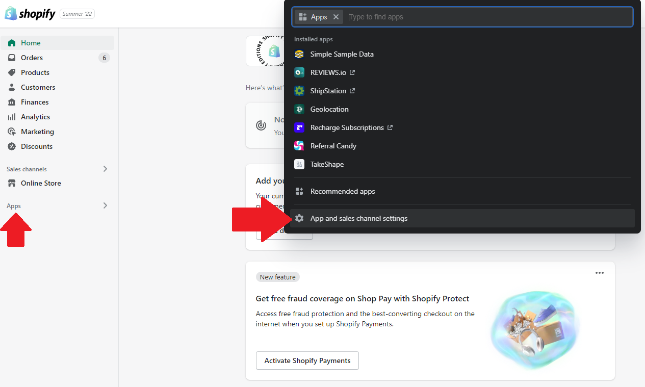 The admin page in shopify
