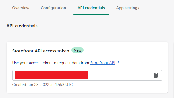 A screenshot of the Storefront API access token section