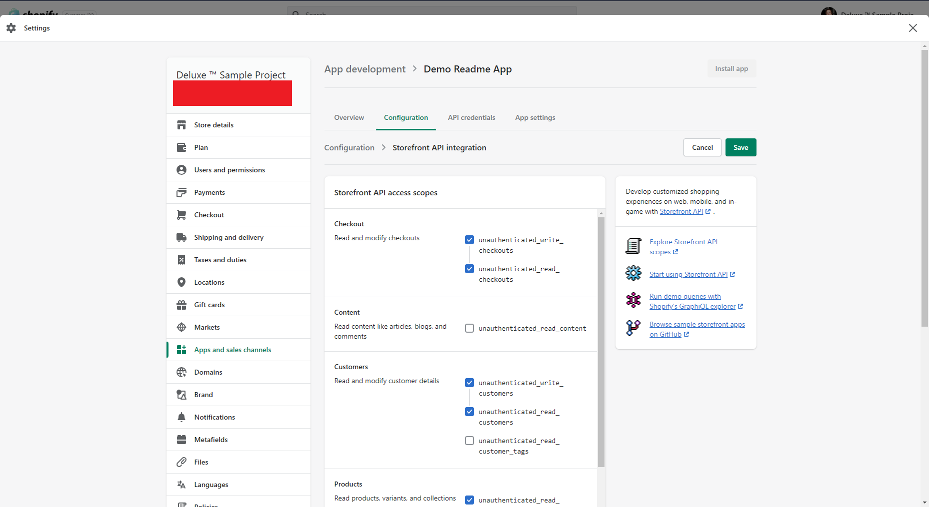 A screenshot of the storefront access scopes page