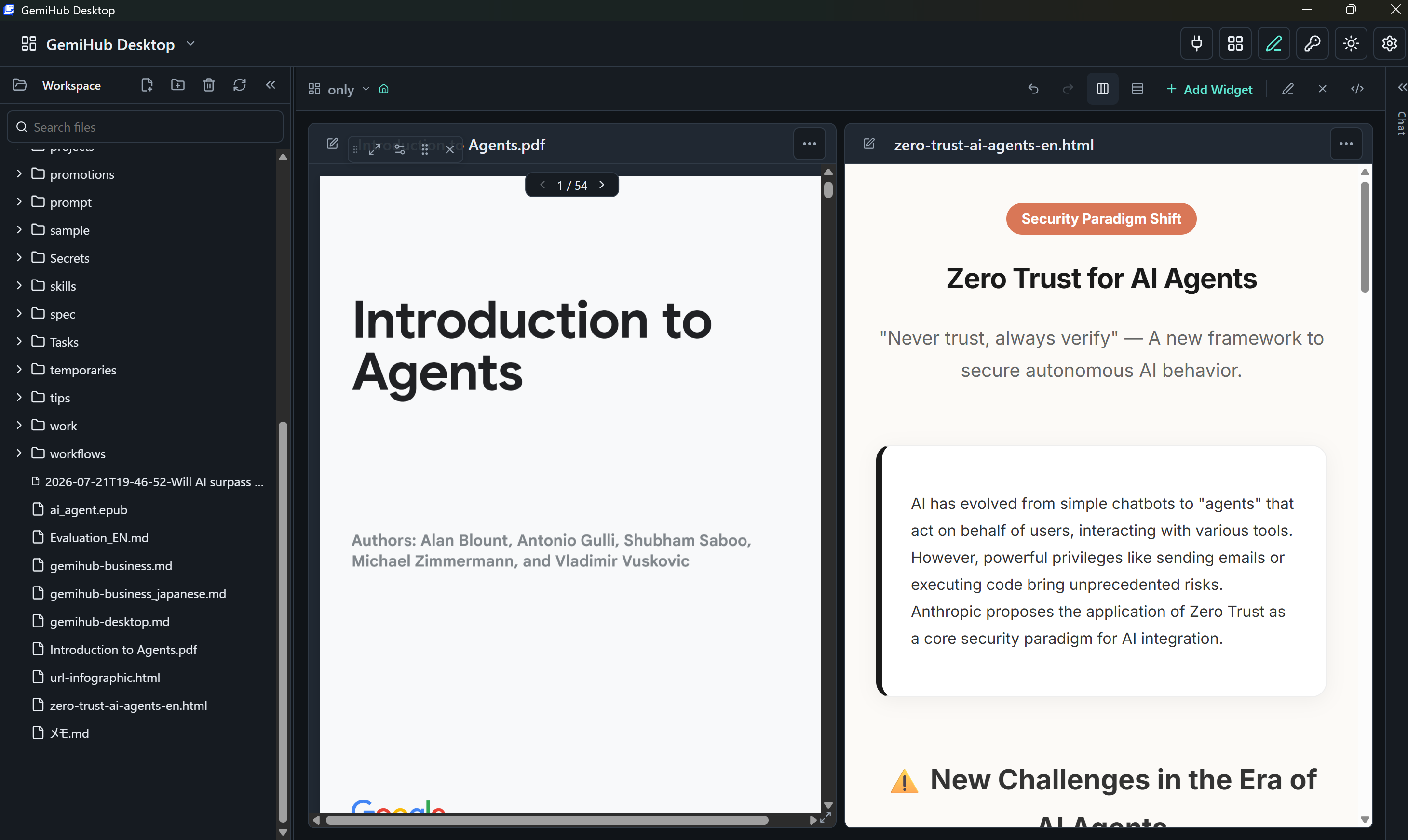 GemiHub workspace comparing a PDF with an HTML research note