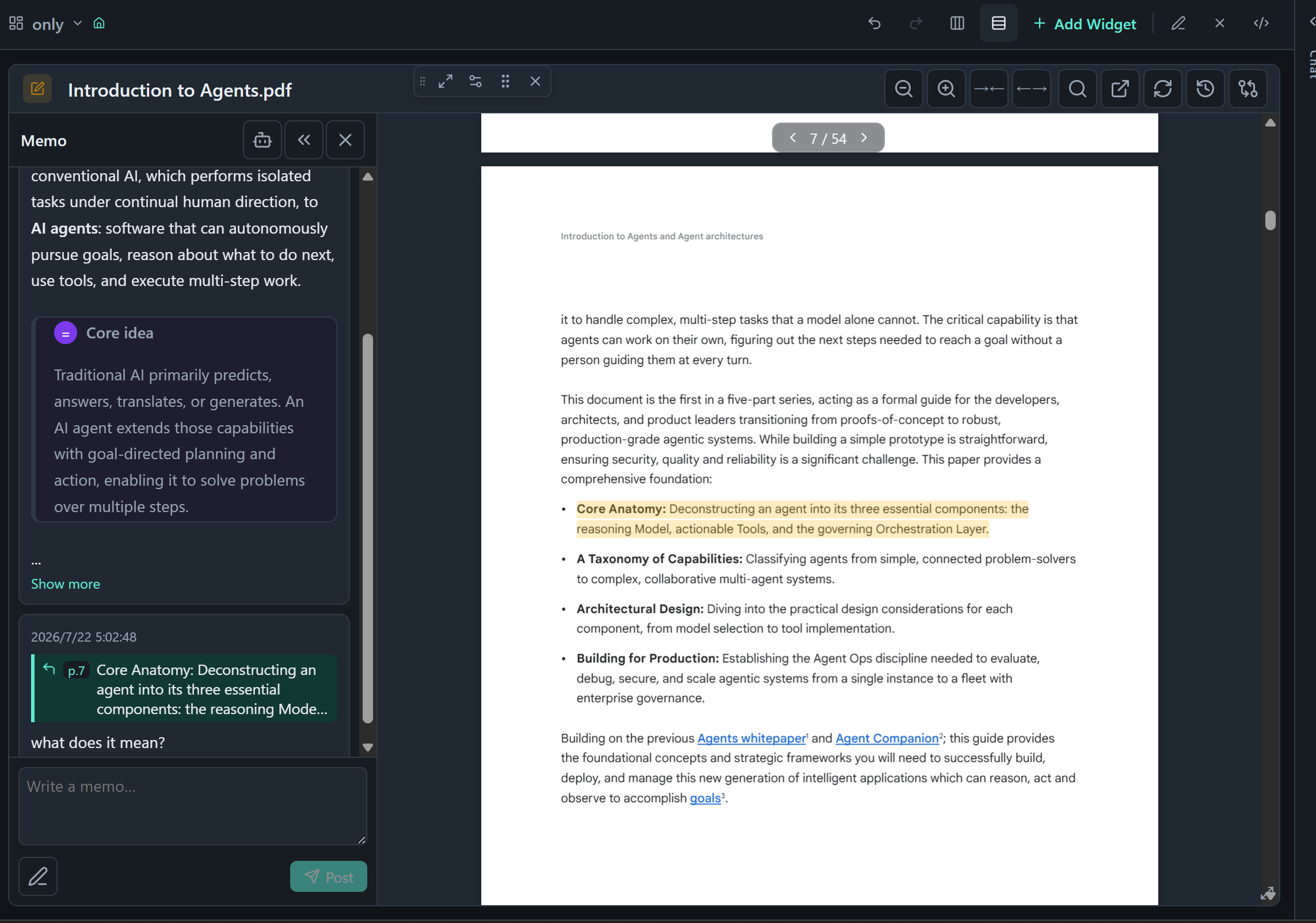 Memo timeline with source-linked notes