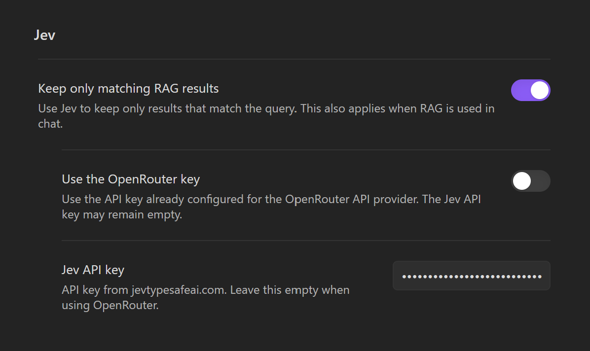Jev RAG filtering settings