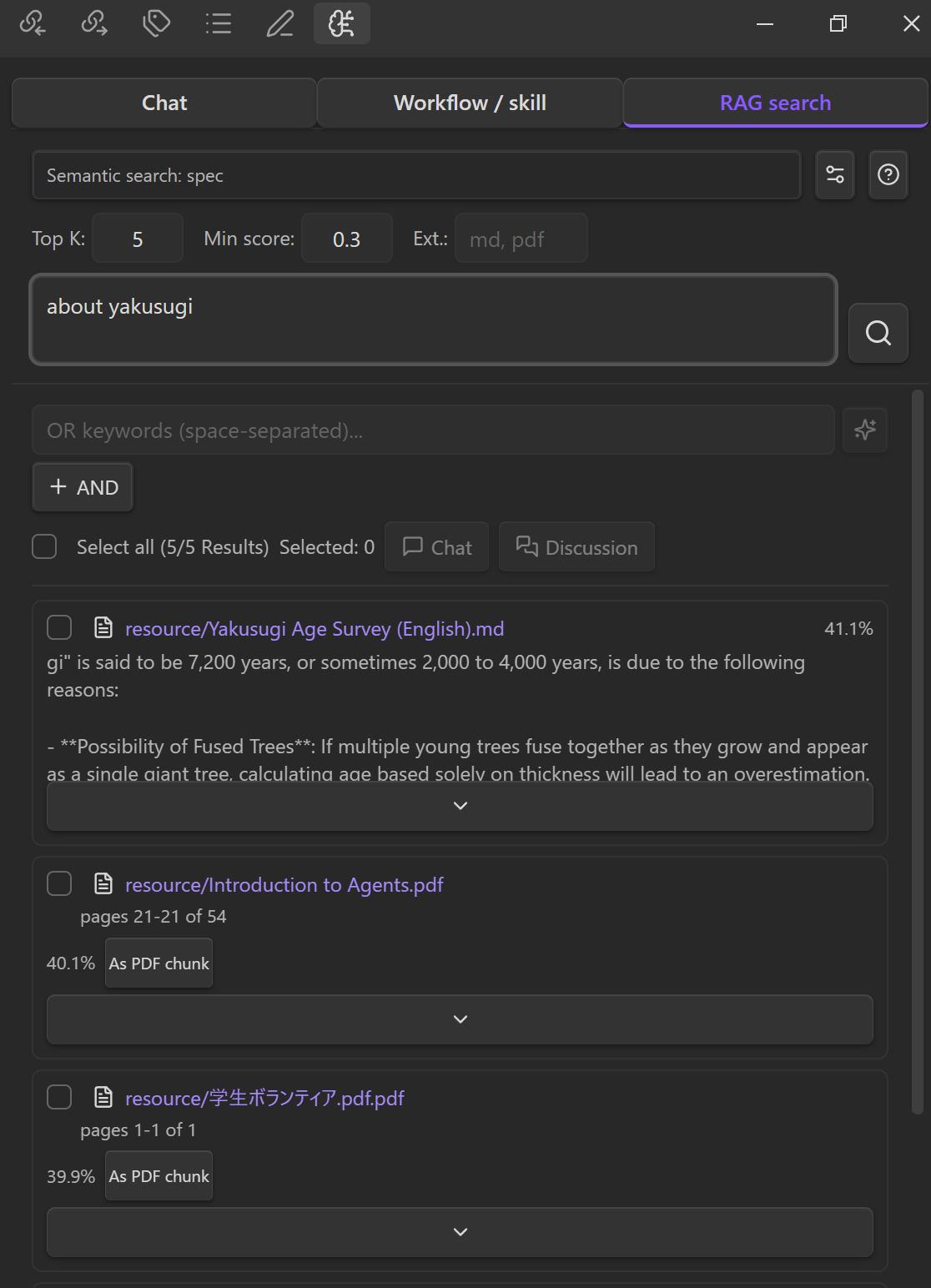 RAG search results without Jev