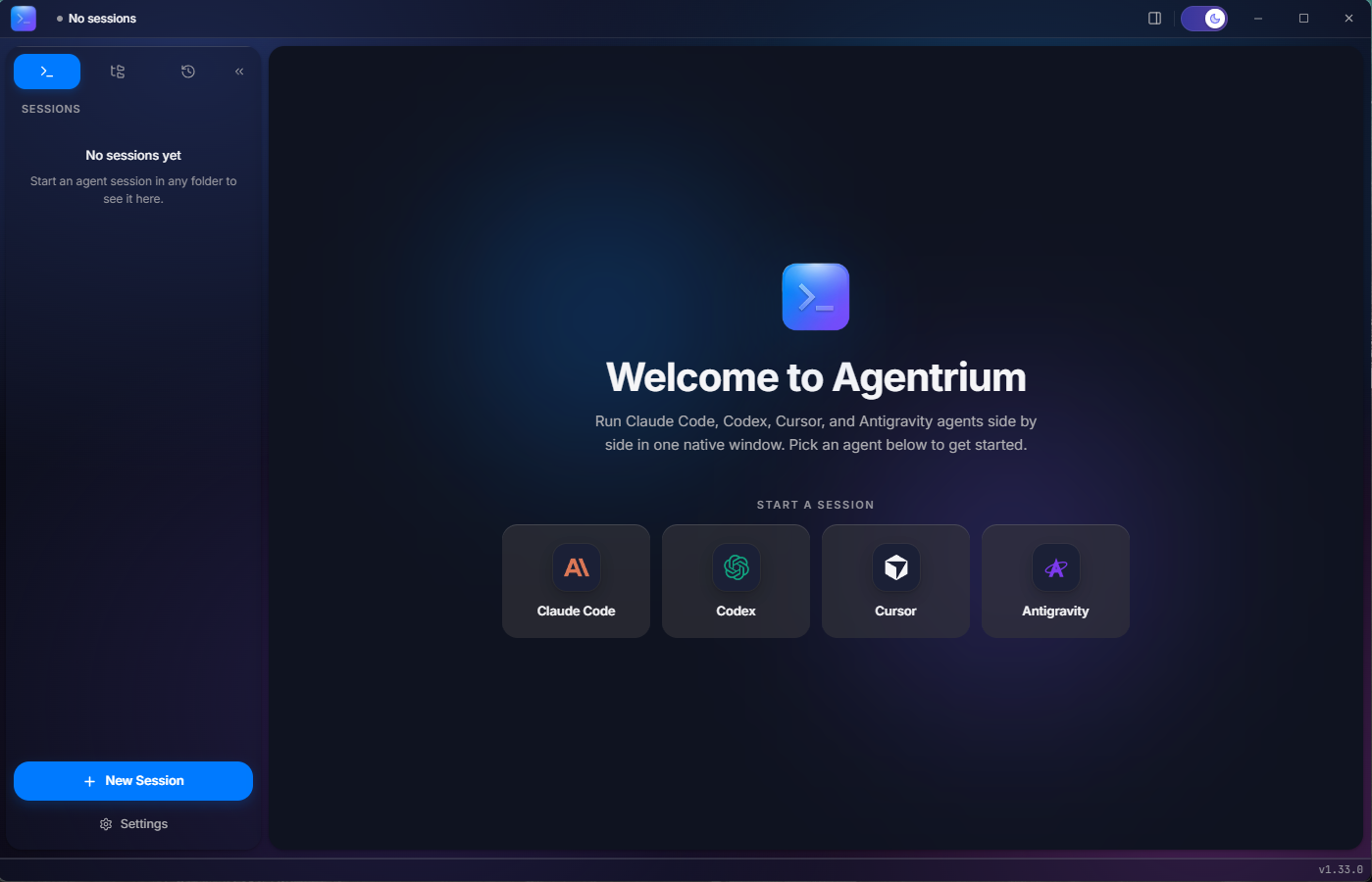 Main view with an active agent session