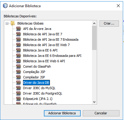 Selecionar na caixa Driver do JavaDB e clicar ok