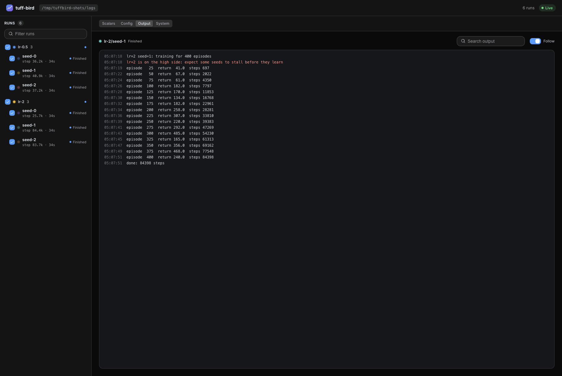 The printed output of one run, with stderr in red