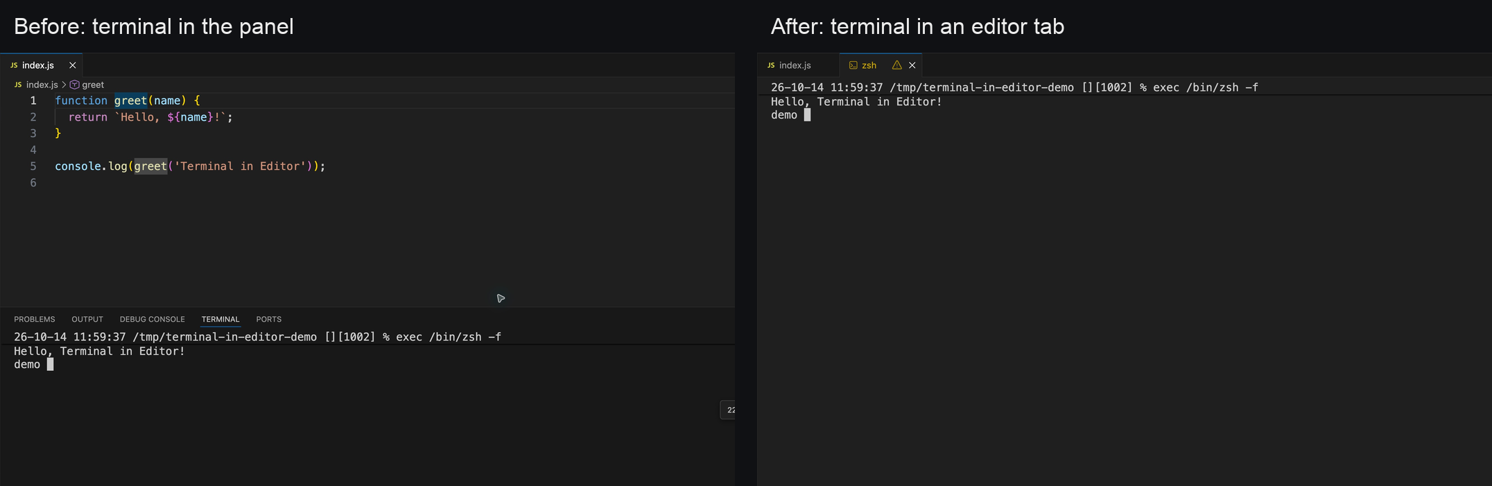 An existing terminal moved from the bottom panel into an editor tab