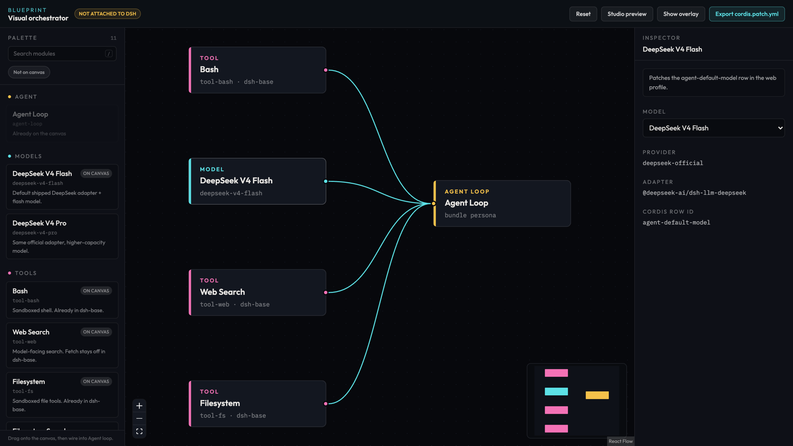 The studio: Bash, DeepSeek V4 Flash, Web Search and Filesystem wired into an agent loop, with the inspector showing the agent-default-model row