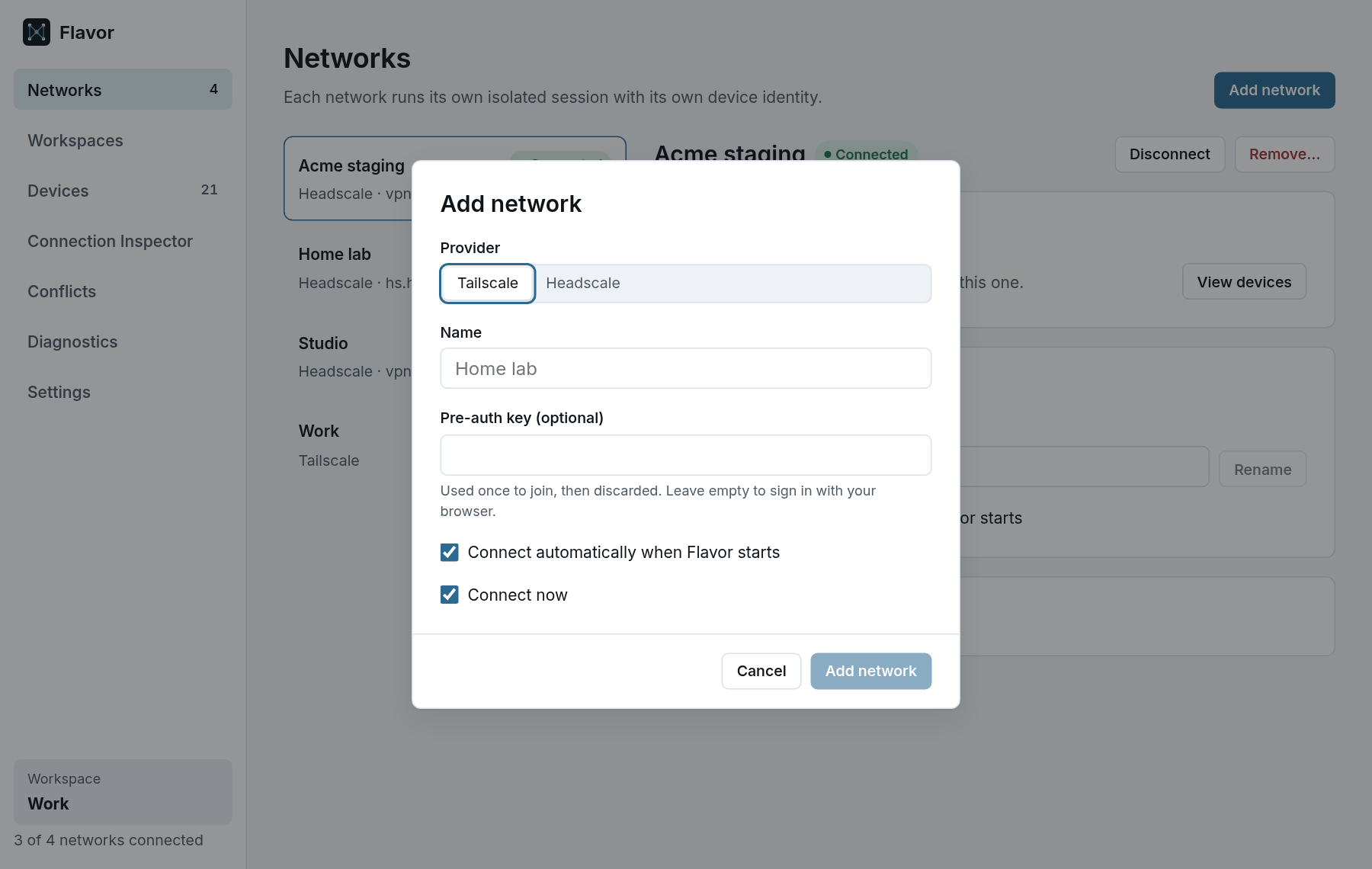 Add network dialog with a choice between Tailscale and Headscale, a name field, an optional pre-auth key, and options to connect automatically and connect now