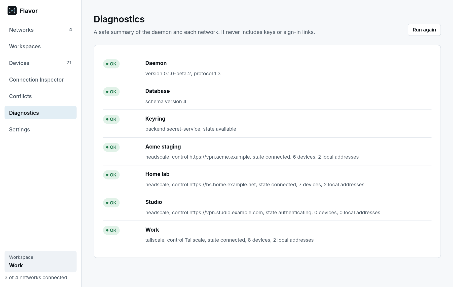 Diagnostics page with OK results for the daemon, database and keyring, and one line per network with its provider, control server, state and device count