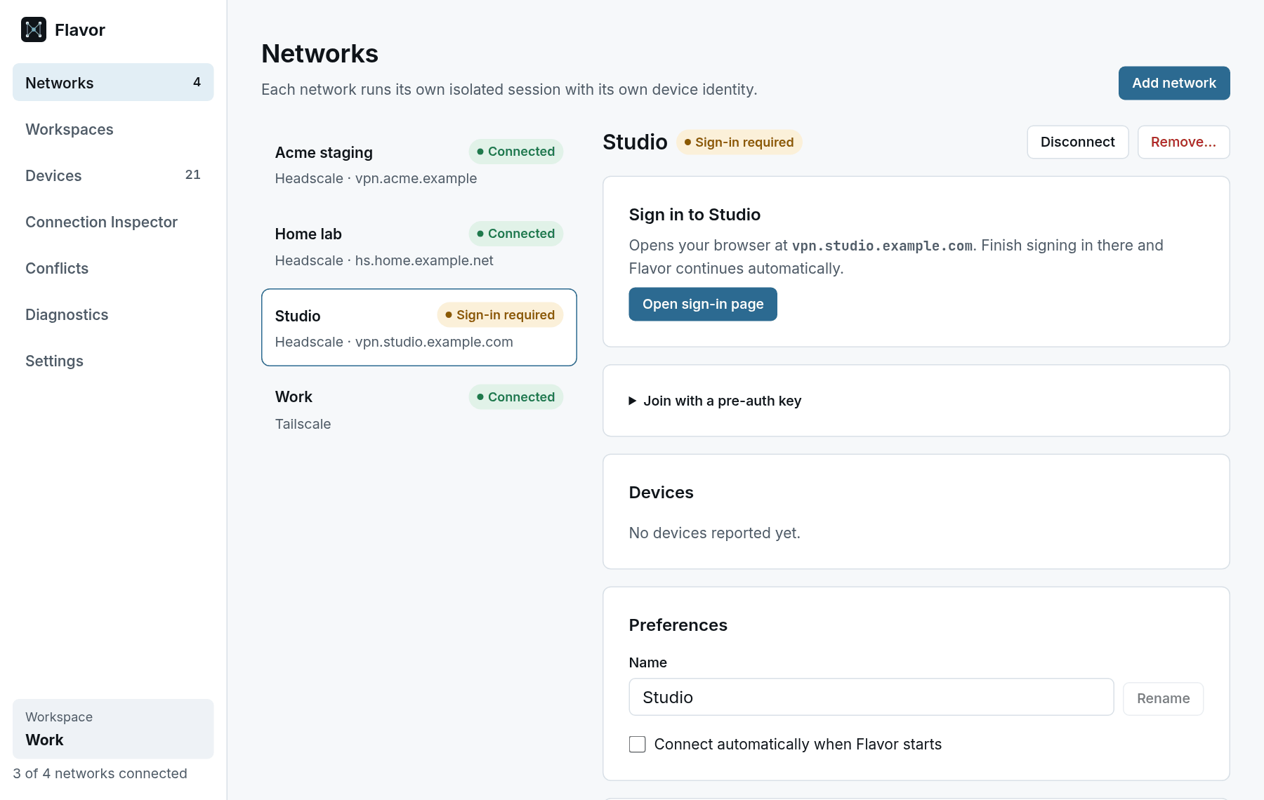 A Headscale network named Studio waiting for sign-in, with a panel that names the sign-in host, an Open sign-in page button and an option to join with a pre-auth key