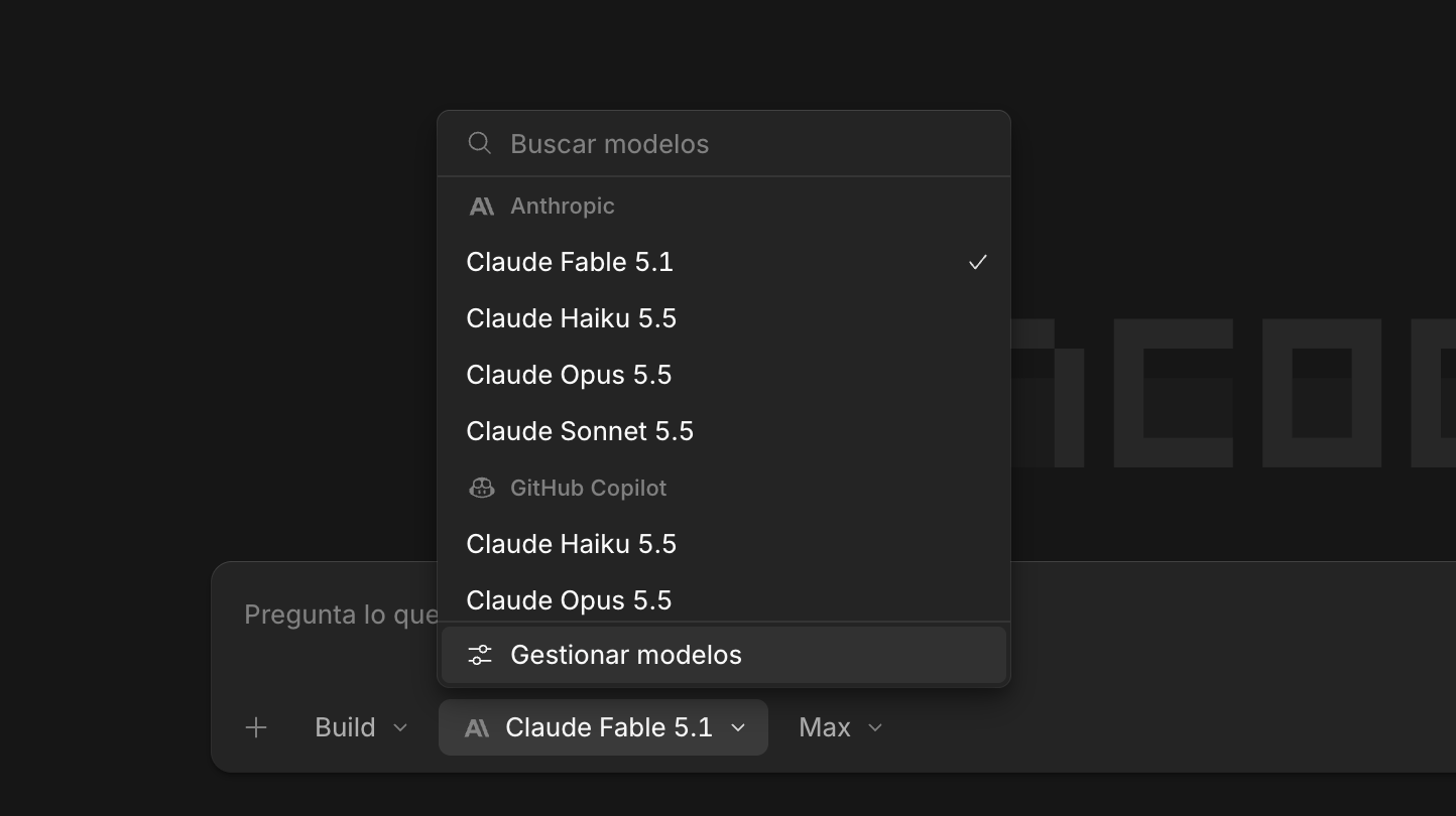 OpenCode V2 model picker showing Claude Fable 5.1, Haiku 5.5, Opus 5.5 and Sonnet 5.5 available through Claudeway with a Claude subscription