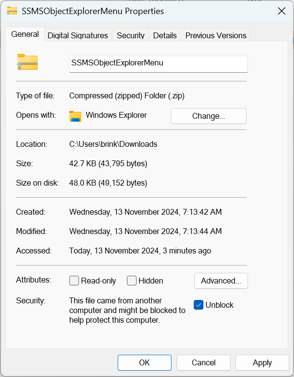 Unblock zip file via properties dialog