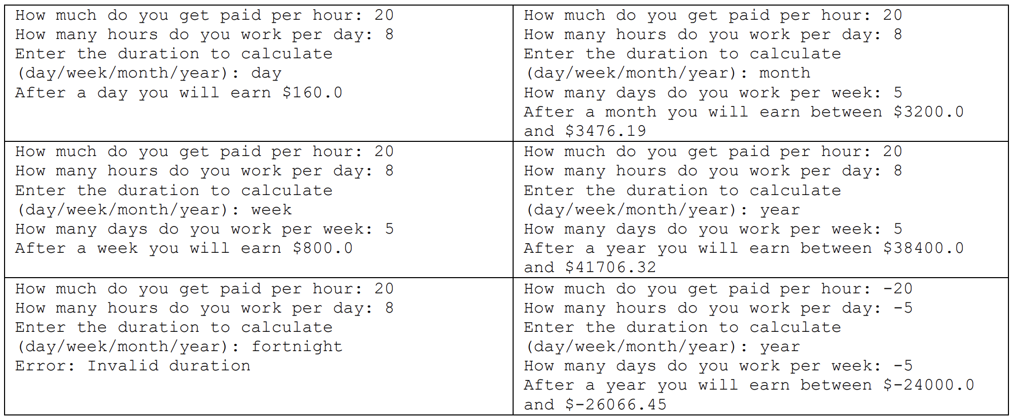 A few examples of running the program