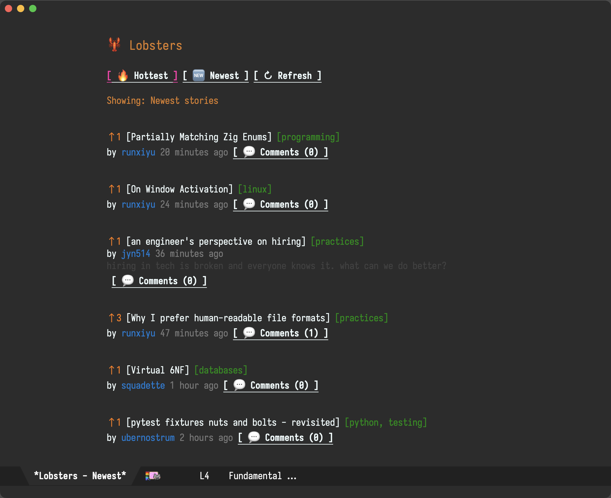Lobsters.el Screenshot