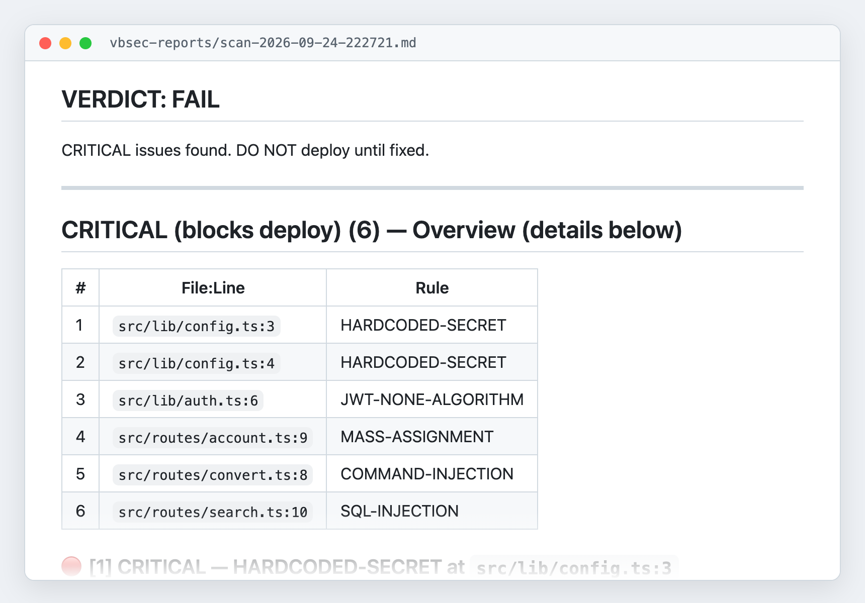 vbsec report: verdict FAIL, table of 6 critical issues