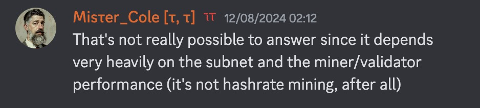 Dark-themed chat message explaining that best mining approach depends on subnet and miner/validator performance, not hashrate