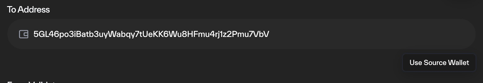 Taostats transfer app To Address field with a wallet icon and a Use Source Wallet button to auto-fill the coldkey address