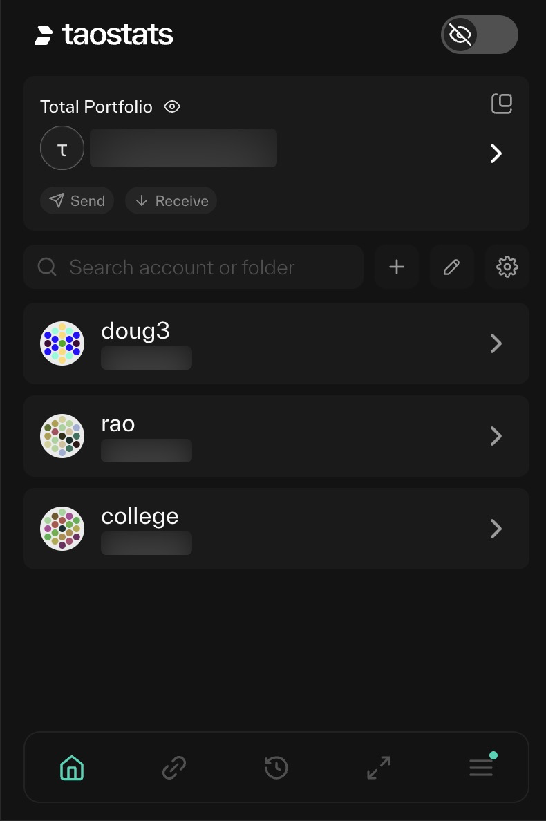Taostats Chrome extension wallet popup showing total portfolio with hidden balances, Send and Receive buttons, and a list of saved accounts