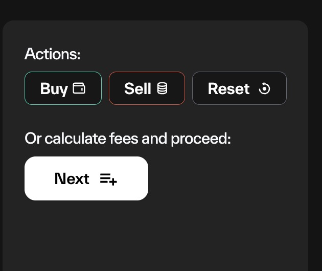 Taostats new position action panel with buy, sell, and reset buttons and a next button to calculate fees and proceed