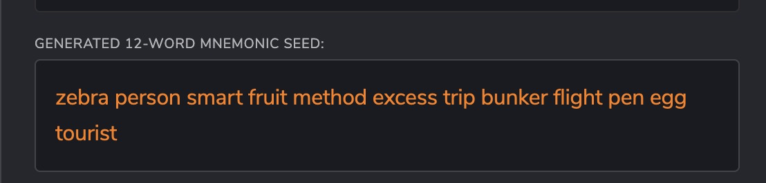 Wallet screen displaying a generated 12-word mnemonic seed phrase in a bordered box under an uppercase label