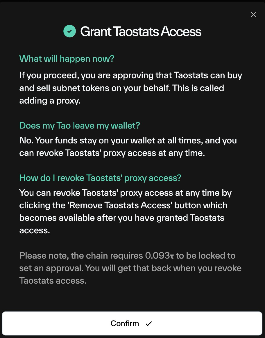 Taostats grant access confirmation dialog explaining the proxy approval, wallet fund safety, and how to revoke, with a note about the refundable on-chain locked fee