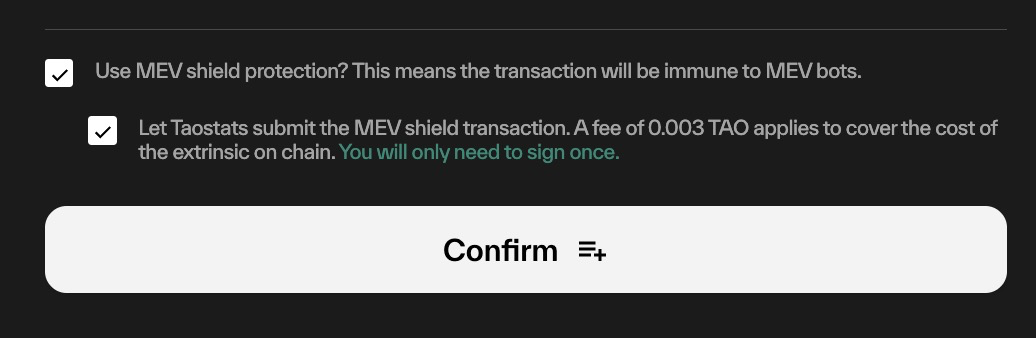 Transaction confirmation panel with two checkboxes for enabling MEV shield protection and delegating submission, plus a Confirm button